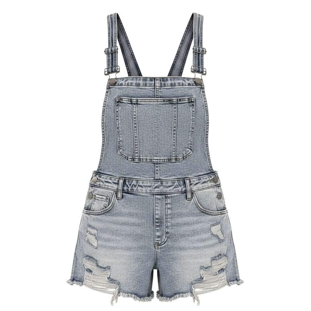 Womens Distressed Denim Shortalls Light Wash Y2K Summer Festival